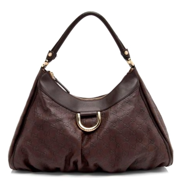 Gucci Guccissima Abbey Leather D Ring Hobo Handbag Tote Dark Brown Sima Purse - Picture 1 of 8